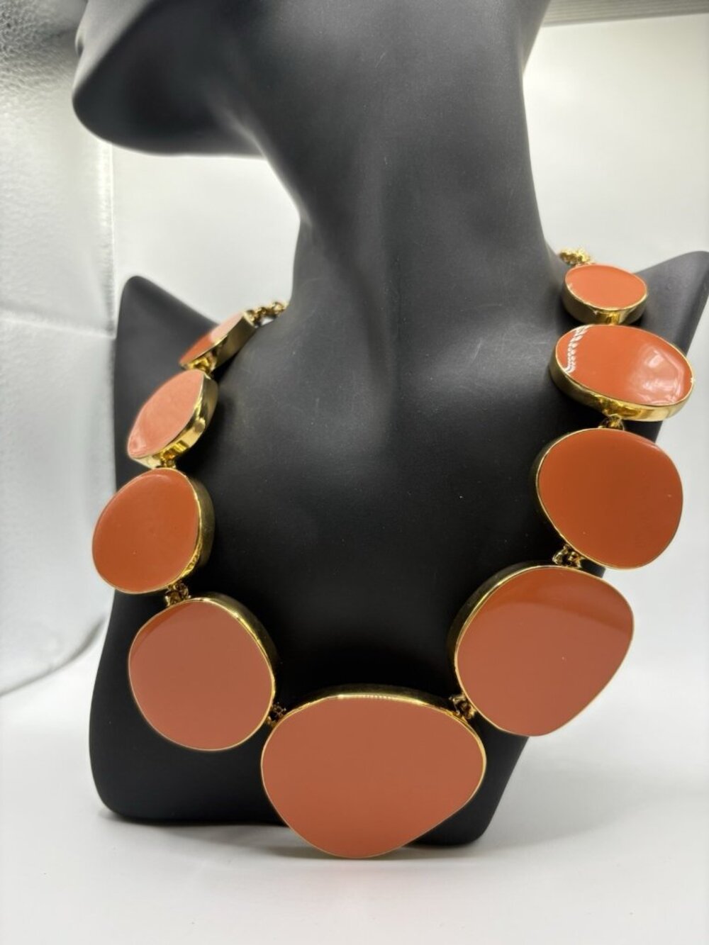 Kenneth Jay Lane Coral Enamel Kidney Gold Tone Statement Necklace Made In USA
